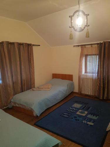 a bedroom with two beds and a rug on the floor at Vila Magnolia in Curtea de Argeş