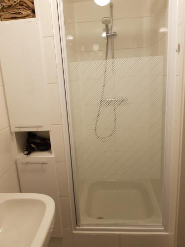 La salle de bains est pourvue d'une douche avec une porte en verre. dans l'établissement Studio 82 b, à Middelbourg