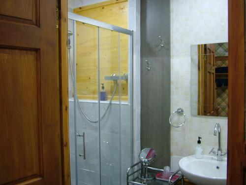 a bathroom with a shower and a sink at The Steading Highland Glen Lodge in Drumnadrochit