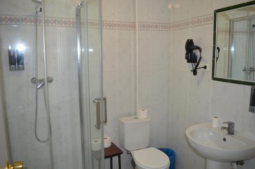 a bathroom with a shower and a toilet and a sink at Hostal Doña Carmen in Ronda
