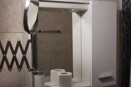 a bathroom with a mirror and two rolls of toilet paper at Pansion Fočin Han in Sarajevo