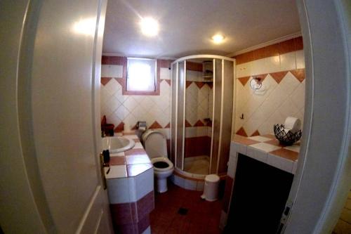y baño pequeño con aseo y ducha. en Big Apartment 1 - City Center, en Kalambaka