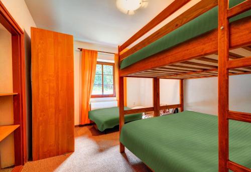 a bedroom with two bunk beds and a window at Chata pod Mravenečníkem in Loučná nad Desnou