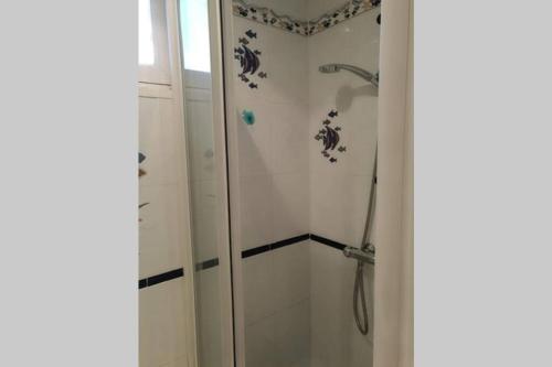 une salle de bain avec une douche avec une porte vitrée dans l'établissement Le Tribord - ambiance bateau avec balcon à 30 m de la plage, à Palavas-les-Flots