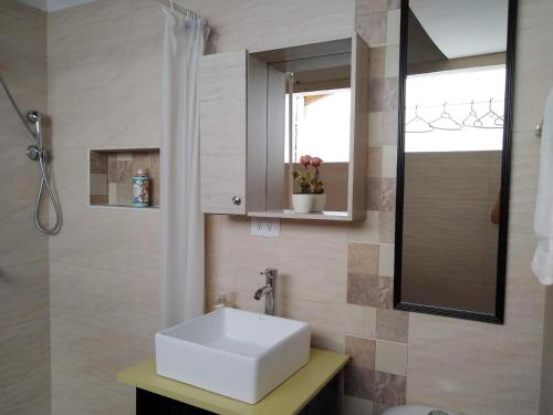 a bathroom with a white sink and a mirror at Mayorca Homestay in Medellín