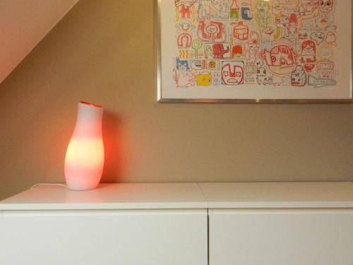 a pink vase sitting on top of a white cabinet at Apartment Het Blekershuys in Bruges