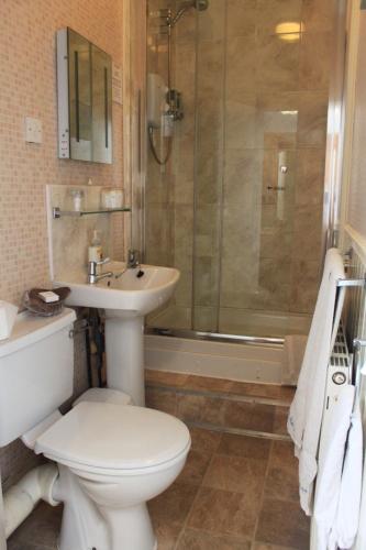 a bathroom with a toilet and a sink and a shower at The Belmont in Bridlington