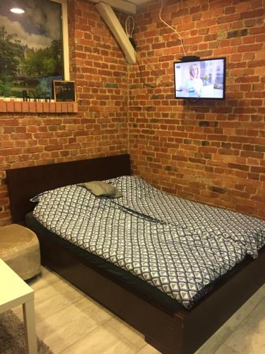 ジェロナ・グラにあるPark Studioのレンガの壁にテレビが備わるドミトリールームのベッド1台分です。