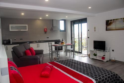 a bedroom with a bed and a kitchen and a living room at Amoreira House in Calheta