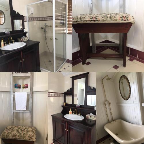 a collage of four pictures of a bathroom at Cherry Blossom Cottage-with country charm and spa in Stanthorpe