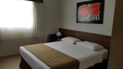 1 dormitorio con cama y ventana en JARDINS DA LAGOA, en Caldas Novas