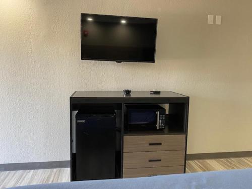 a flat screen tv on a wall with a microwave at Tweetys 9 Diamond Inn in Houston