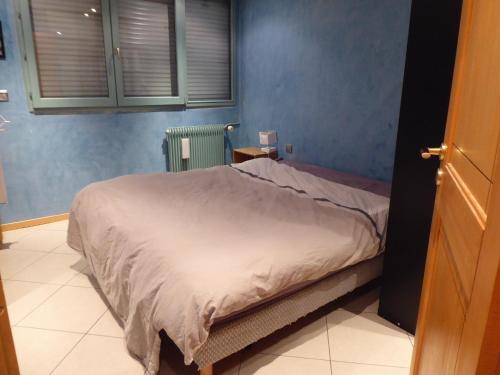 1 dormitorio con 1 cama en una habitación azul en Chambre dans un appartement Annecy Gare-Centre en Annecy