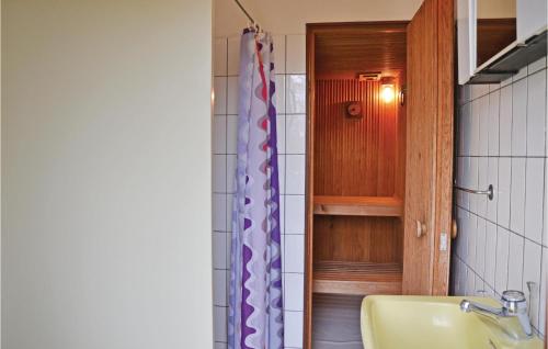 a bathroom with a sink and a shower curtain at Nice Home In Solrd Strand With Kitchen in Karlstrup Strand