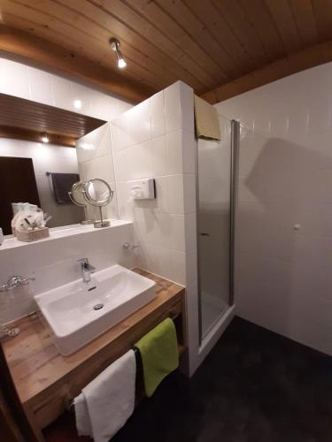 a bathroom with a sink and a shower at Forellenstube in Lofer