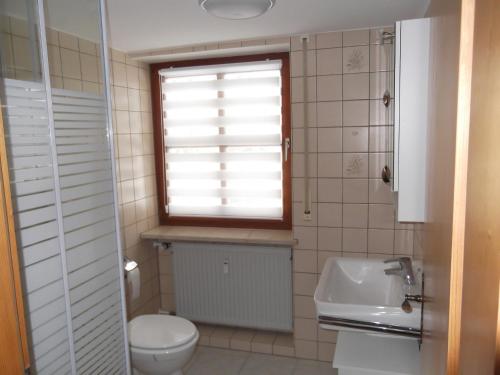 ein Bad mit einem WC, einem Waschbecken und einem Fenster in der Unterkunft FEWO 4 am Rechensöldenweg 29 in Bodenmais