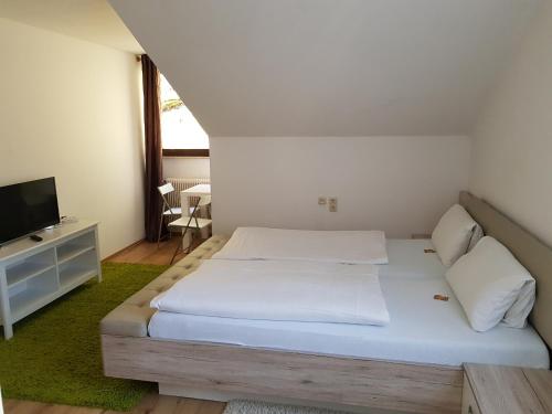 a bedroom with a large bed and a television at Pension Hofer in Bad Berneck im Fichtelgebirge