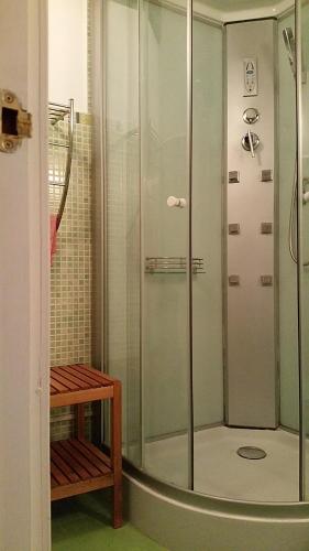 a shower with a glass door in a bathroom at EL CAMPANARIO in Guinicio