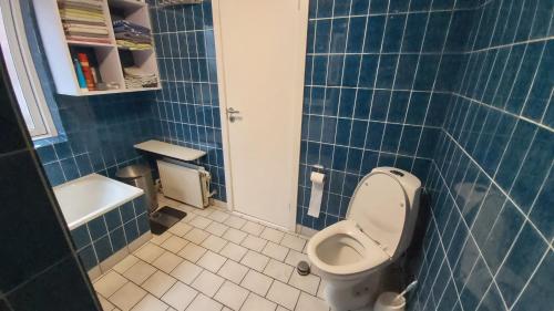 W wyłożonej niebieskimi kafelkami łazience znajduje się toaleta i umywalka. w obiekcie Landsted med aktivitethal w mieście Karby