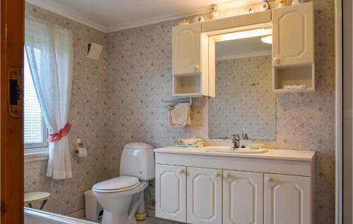 La salle de bains est pourvue de toilettes, d'un lavabo et d'un miroir. dans l'établissement Beautiful Home In Vanse With Kitchen, à Vanse