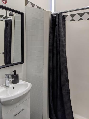 La salle de bains est pourvue d'un lavabo et d'un rideau de douche. dans l'établissement Queen Victoria Hostel, à Melbourne