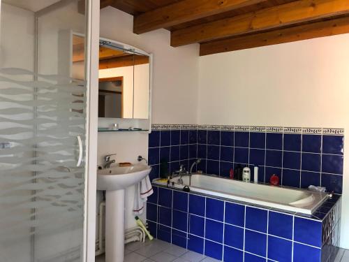 ein Badezimmer mit einem Waschbecken und einer Badewanne in der Unterkunft Large 100 year old house in lovely walking area in Fayet-Ronaye