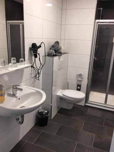 a bathroom with a sink and a toilet and a shower at Haus am Parc in Meppen