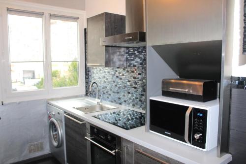 a kitchen with a sink and a microwave at Nice flat near Paris MCP in Joinville-le-Pont