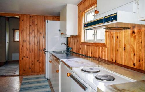 eine Küche mit Holzwänden und einem weißen Herd mit Backofen in der Unterkunft Lovely Home In Ambjrnarp With Lake View in Ambjörnarp