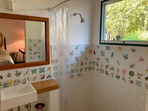 a bathroom with a shower and a sink and a mirror at Pinheiros do Rocio in Petrópolis