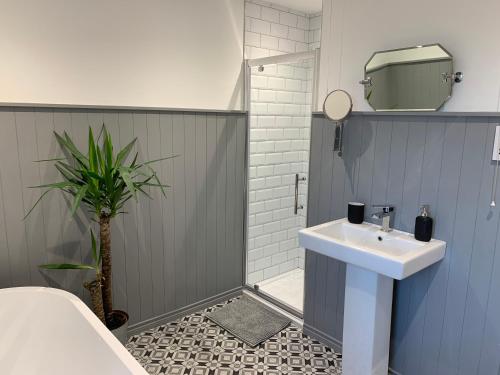 a bathroom with a sink and a shower at The Old Dairy at Walkmill Farm in Bushmills