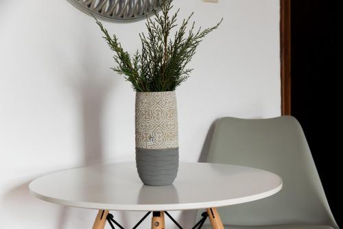 a vase sitting on a table with a plant in it at Platanorema in Agios Ioannis Prodromos