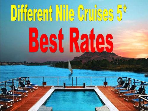 a sign that reads different nile cruises best rates at Luxor Luxury Nile Cruises - From Luxor 04 & 07 Nights Each Saturday - From Aswan 03 & 07 Nights Each Wednesday in Luxor