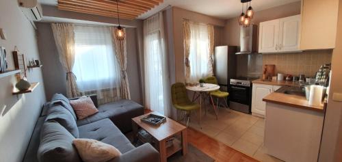 a living room with a blue couch and a kitchen at Apartment Cerska MRB in Belgrade