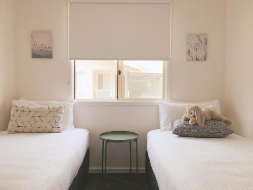 two beds with a dog laying on a pillow at Nepean Shores by Gateway Lifestyle Holiday Parks in Penrith