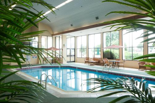 una piscina in un edificio con finestre e piante di Crowne Plaza Hotel Hickory, an IHG Hotel a Hickory