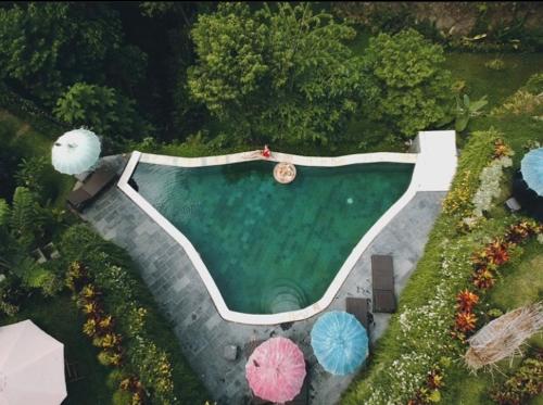 una vista aérea de una piscina con sombrillas en The Jungle Villa Family, en Ubud