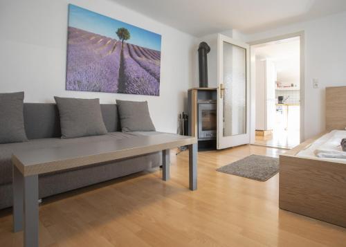 a living room with a couch and a painting on the wall at Cozy Old Town Apartment in Hall in Tirol