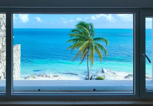 una ventana con vistas a una playa con palmeras en Casa Playa Tortugas - CANCUN Oceanfront Villa, en Cancún