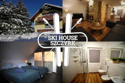 a house with a ski house skyrisk sign in a room at Ski House Szczyrk - Centrum in Szczyrk