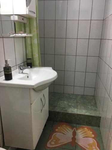 een badkamer met een wastafel, een spiegel en een douche bij Simona in Topliţa