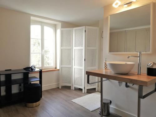 La salle de bains est pourvue d'un lavabo et d'un comptoir avec un miroir. dans l'établissement Maison de centre-ville, à Cognac