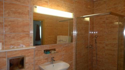a bathroom with a sink and a shower with a mirror at Hotel BM International in Sarajevo