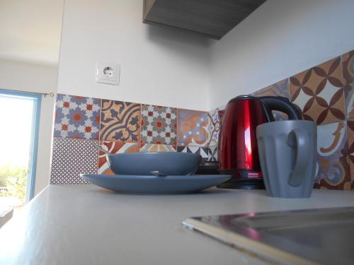 a kitchen counter with a plate and a coffee mug on it at Sea Sight in Alykes