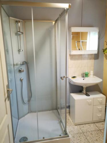 une salle de bain avec douche et lavabo dans l'établissement ferme de Méraville, à Nielles-lès-Ardres