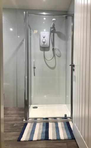 une douche dans une salle de bain avec une porte vitrée dans l'établissement The Steamboat - A Flat with Amazing Harbour Views, à Wick