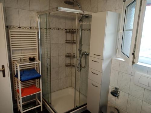 y baño con ducha con cabina de ducha de cristal. en B&B Im Bitzi, en Zuzwil