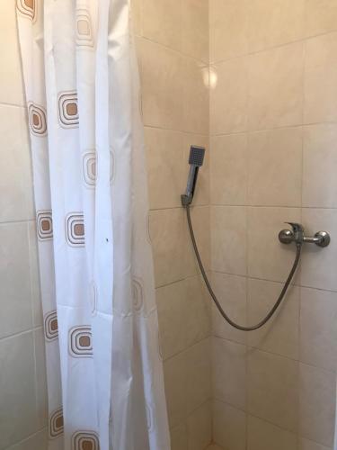 a shower with a white shower curtain in a bathroom at PENZION ANIKO DIAKOVCE-ŠAĽA in Diakovce