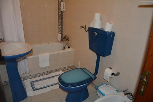 y baño con aseo azul y lavamanos. en Apartamentos Cintra do Vale en Vila Nova de Milfontes