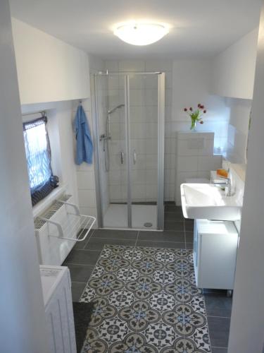 uma casa de banho com um chuveiro e um lavatório. em Ferienwohnung Bernhard em Bad Camberg